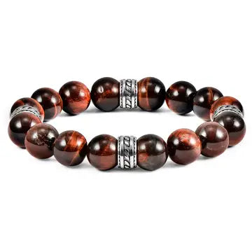 Natural Stone and Stainless Steel Stretch Bracelet (12mm) - Red Tiger Eye