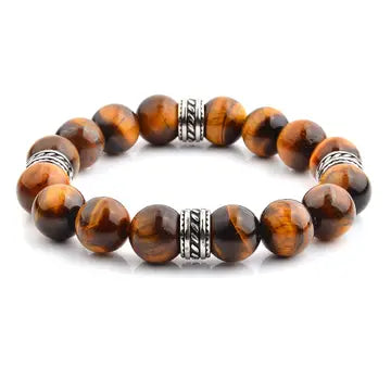Natural Stone and Stainless Steel Stretch Bracelet (12mm) Tiger Eye